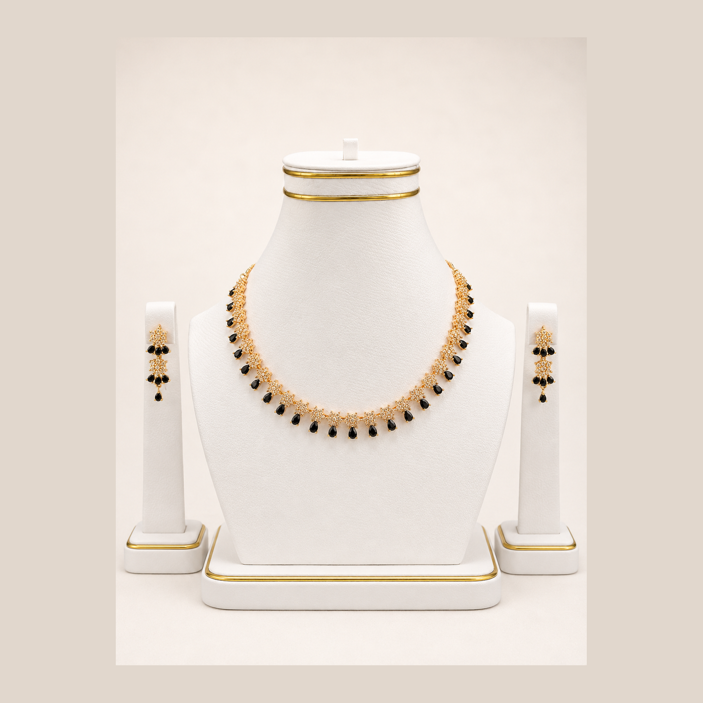Black Stone Floral Drop Necklace Set