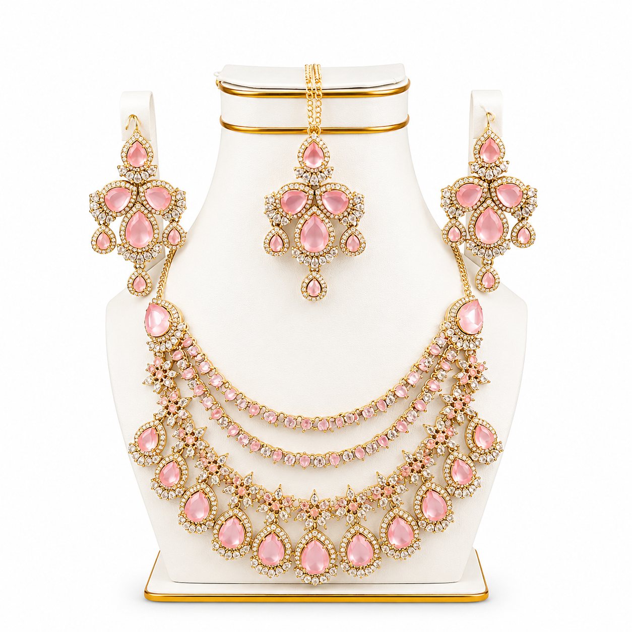Blush Pink Bridal Necklace, Earrings & Tikka Set