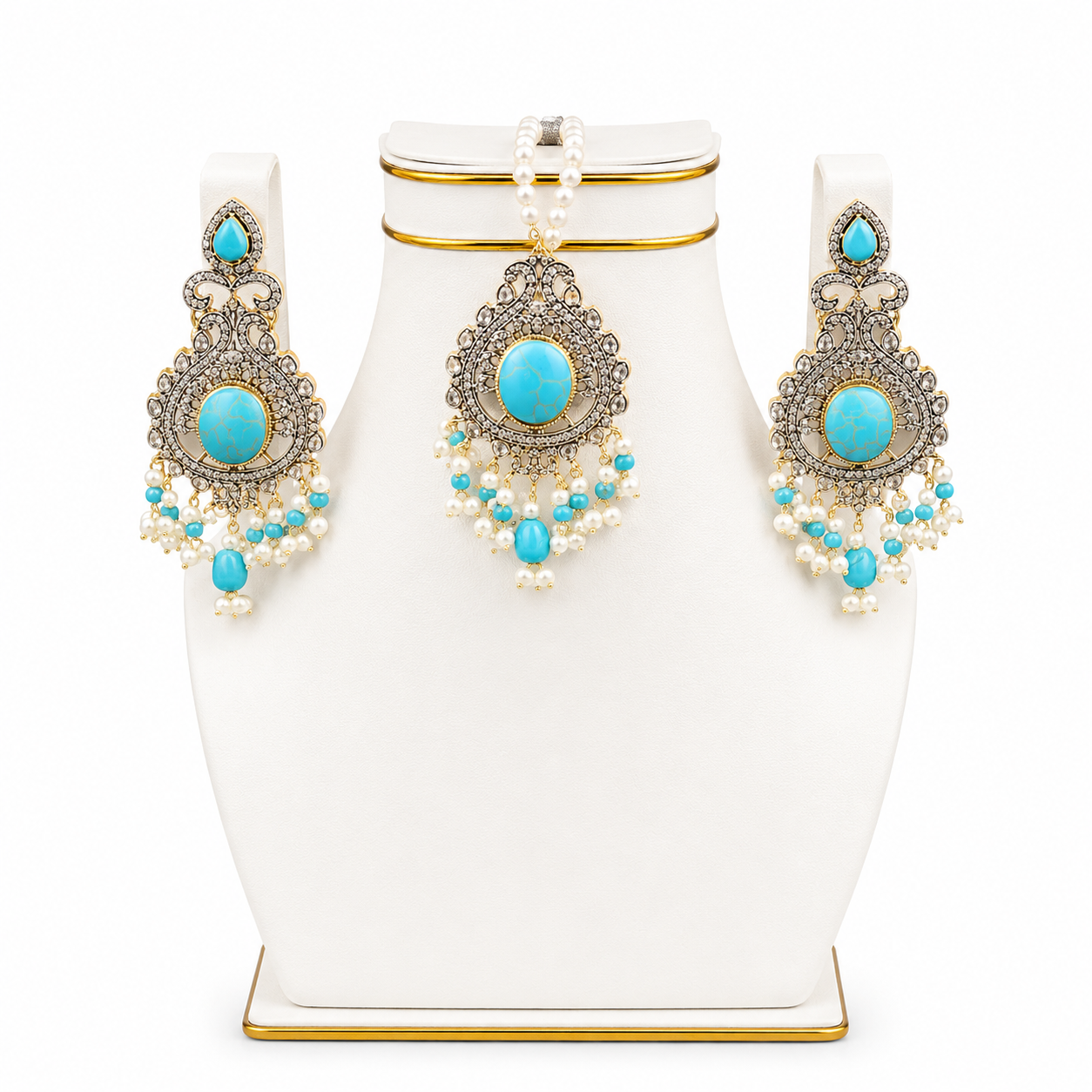 Turquoise Antique Pendant, Earrings & Tikka Set
