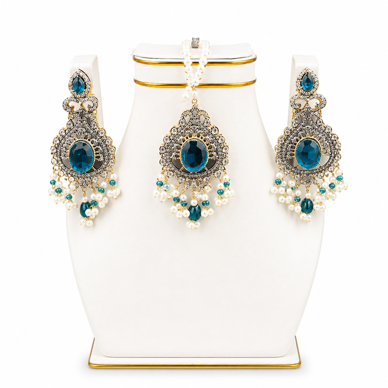Peacock Teal Antique Pendant, Earrings & Tikka Set