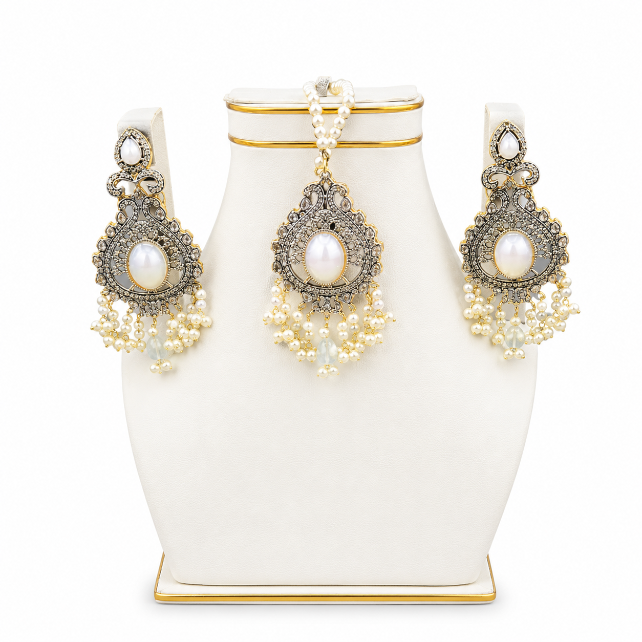Ivory Pearl Antique Pendant, Earrings & Tikka Set