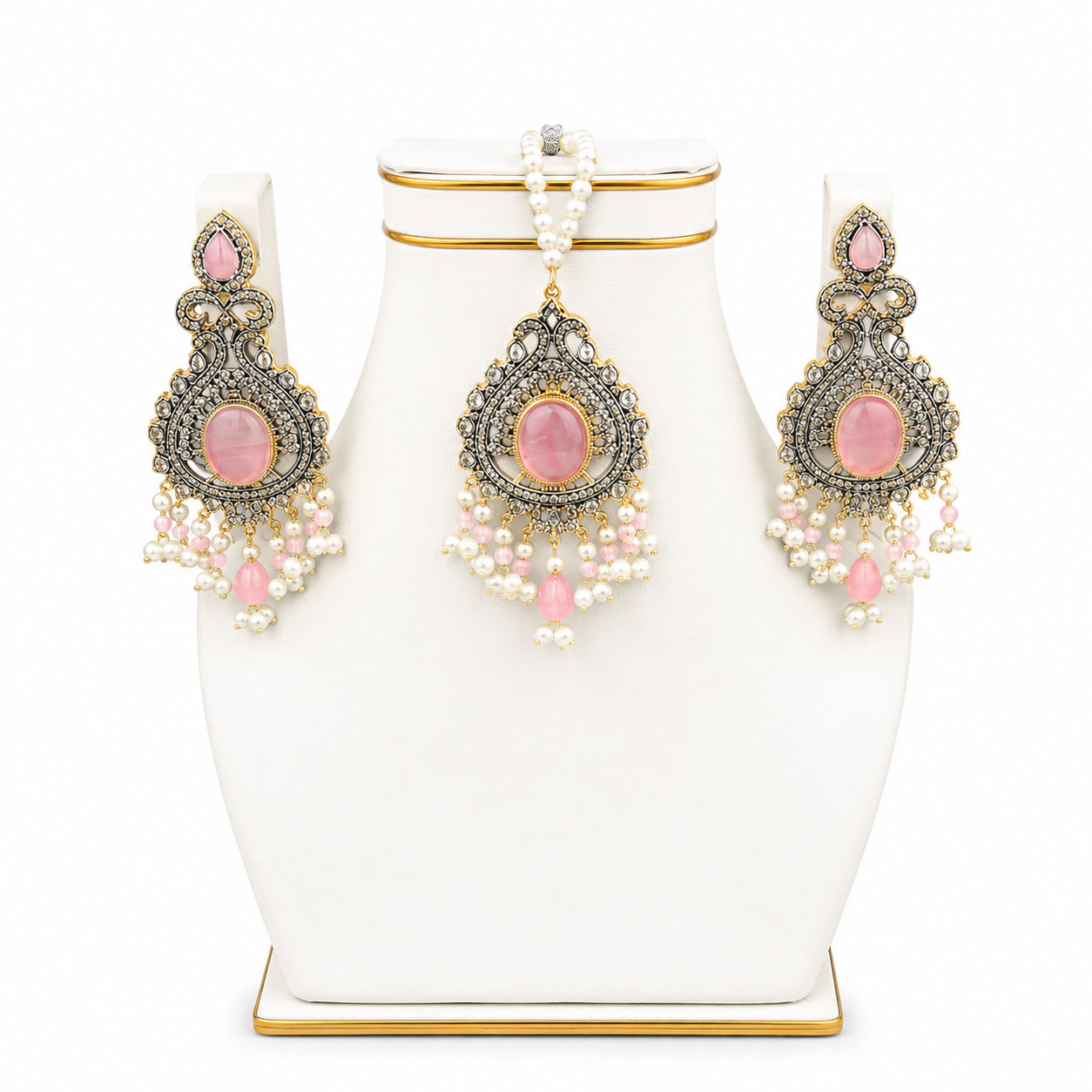 Rose Pink Antique Pendant, Earrings & Tikka Set