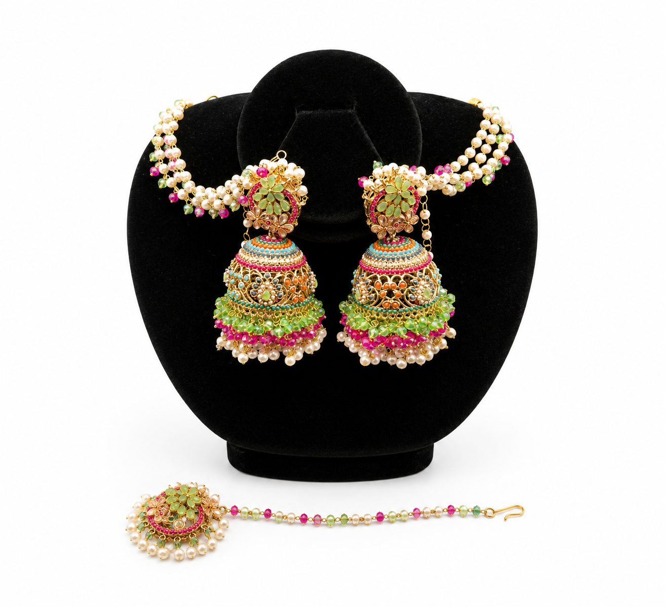 Multicolor Pearl Jhumka Earring & Tikka Set
