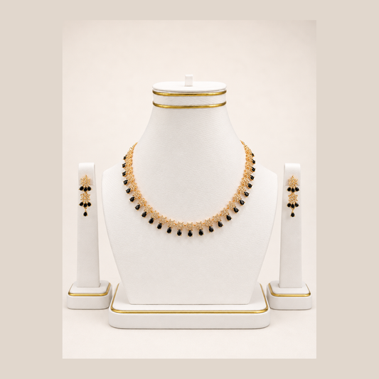 Black Stone Floral Drop Necklace Set