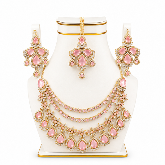 Blush Pink Bridal Necklace, Earrings & Tikka Set