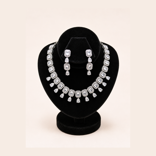 Silver Crystal Halo Necklace Set