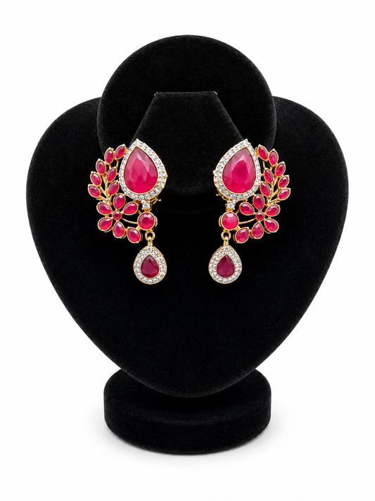 Rani Pink Leaf Spray Drop Earrings