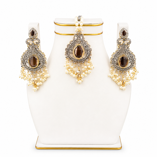 Smoky Topaz Antique Pendant, Earrings & Tikka Set