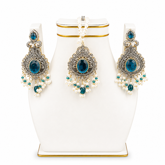 Peacock Teal Antique Pendant, Earrings & Tikka Set