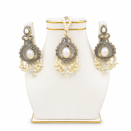 Ivory Pearl Antique Pendant, Earrings & Tikka Set