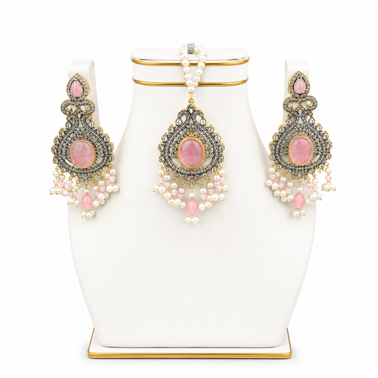 Rose Pink Antique Pendant, Earrings & Tikka Set