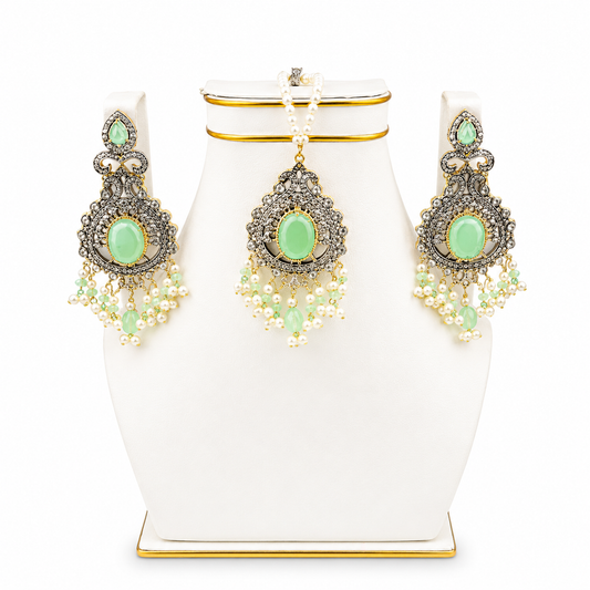 Mint Green Antique Pendant, Earrings & Tikka Set