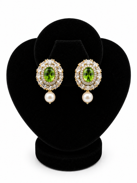 Peridot Halo Studs with Pearl Drop