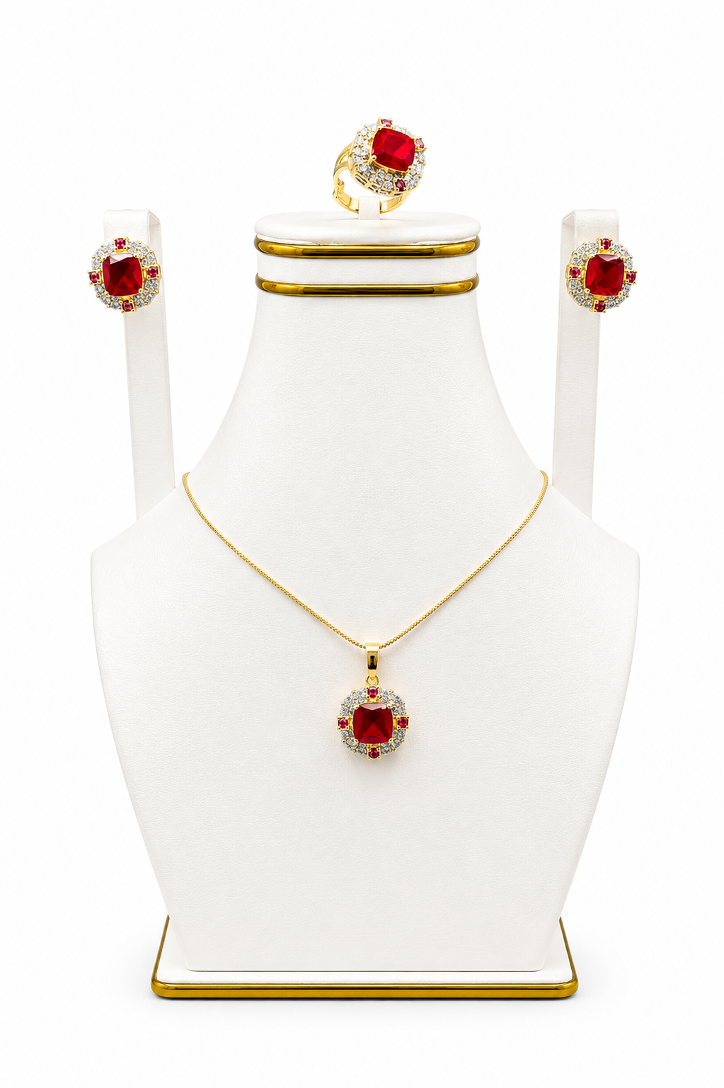 Ruby Cushion Halo Pendant Set