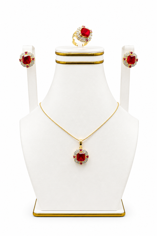 Ruby Cushion Halo Pendant Set