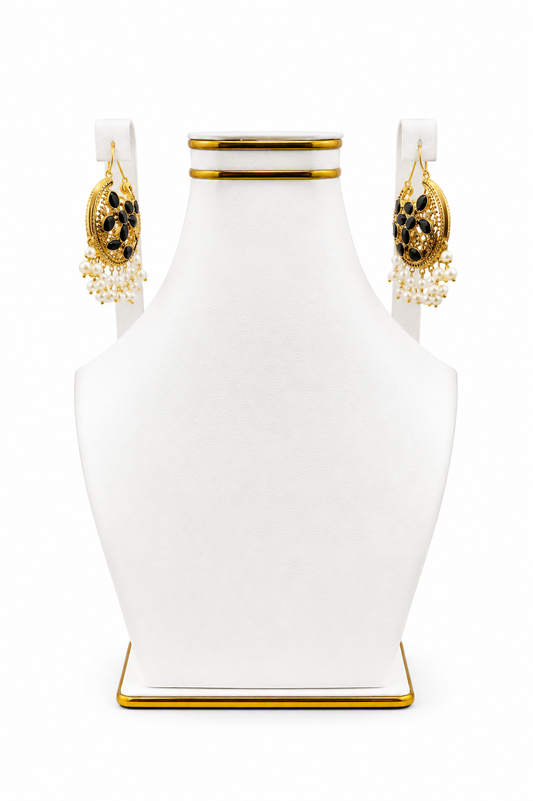 Onyx Floral Pearl Fringe Hoop Earrings