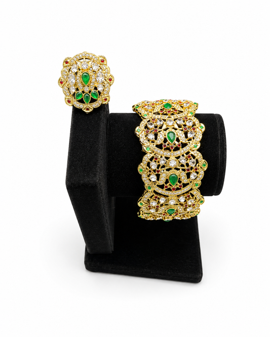 Emerald Cocktail Ring & Cuff Bangle Set