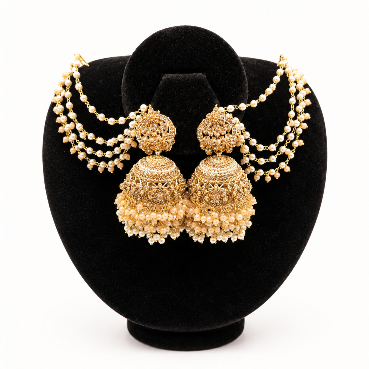 Champagne Pearl Jhumka Earring Set (Layered Chain)