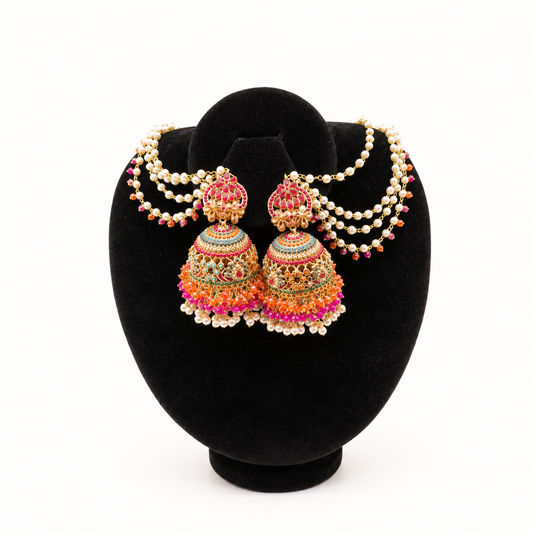Multicolor Enamel Jhumka Earring Set (Layered Chain) (new)
