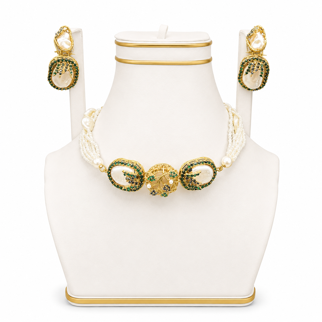 Baroque Pearl & Emerald Statement Necklace Set