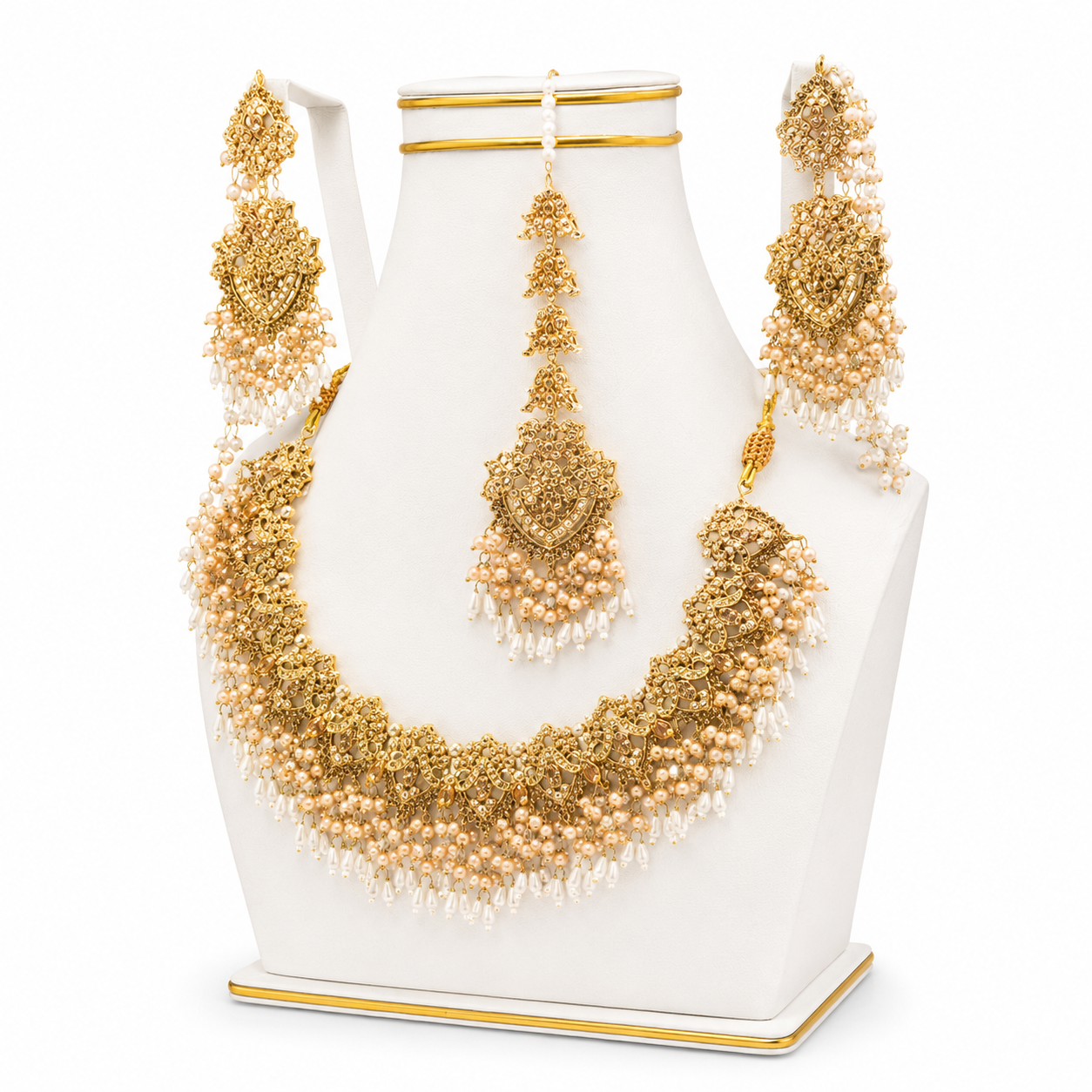 Golden Pearl Cascade Bridal Necklace Set